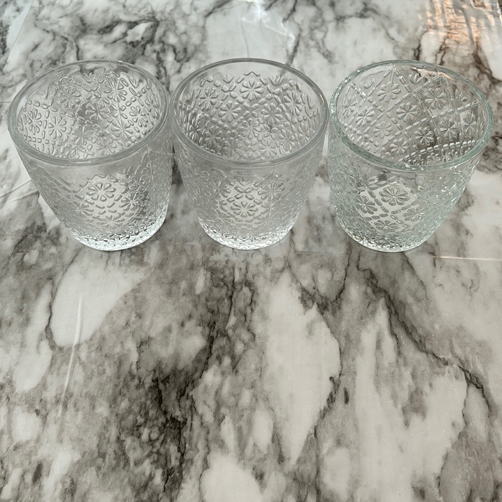 New glass candle votives- set of 3. Floral design